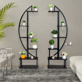 HAOYYE 2pcs 6-Tier Half Moon Plant Stand, Iron Wood Flower Pot Holder for Indoor Outdoor, Multi-Layer Plant Rack for Garden Balcony Patio Lawn
